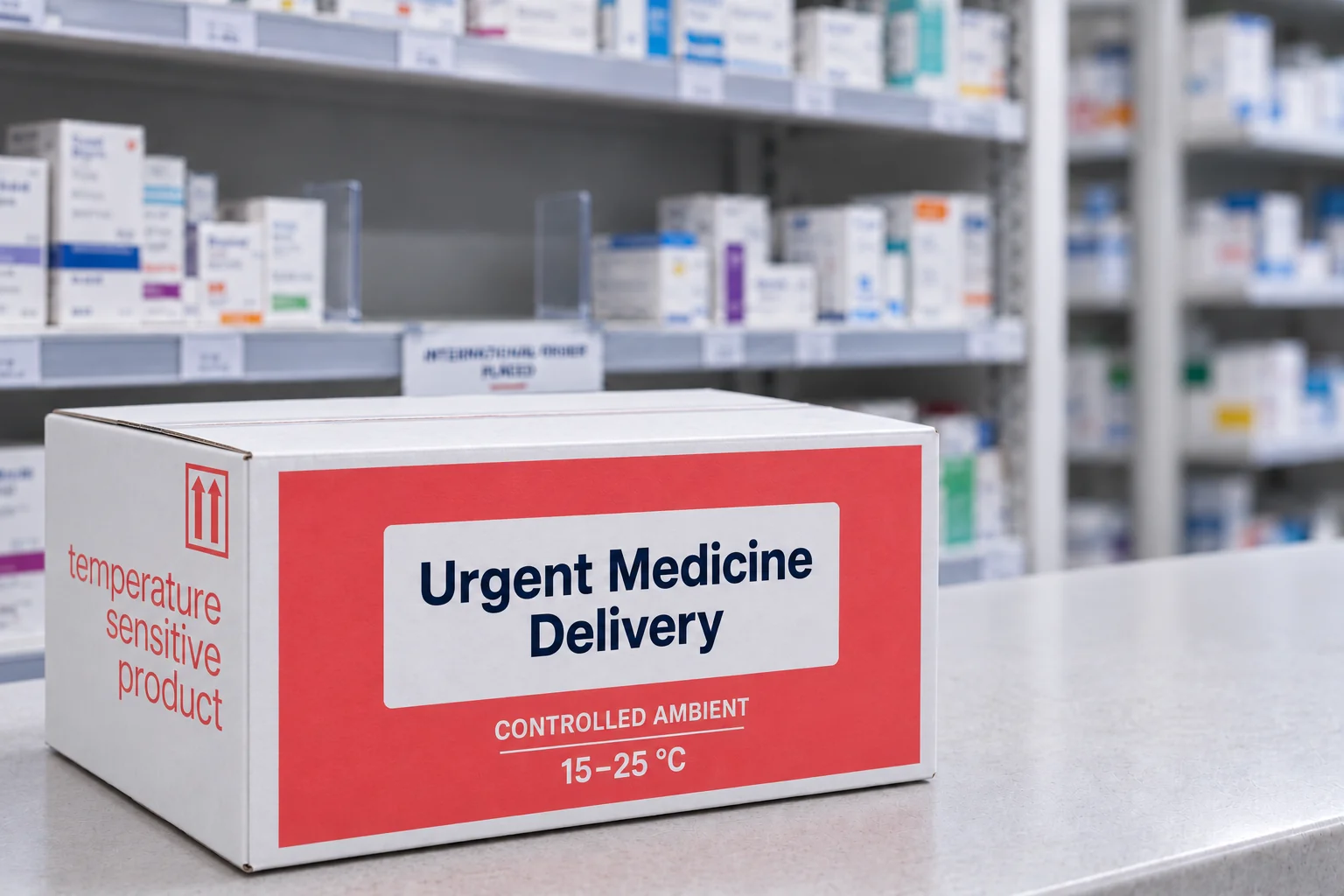 Symbolische Darstellung einer dringenden Arzneimittellieferung in einer Ambient-Transportverpackung vor einem unscharfen Apothekenregal mit Versorgungslücke